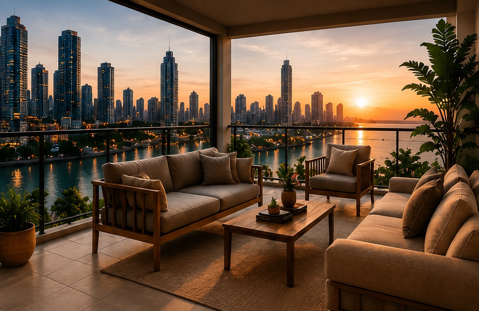Vista da sala com a cidade do Panamá ao entardecer