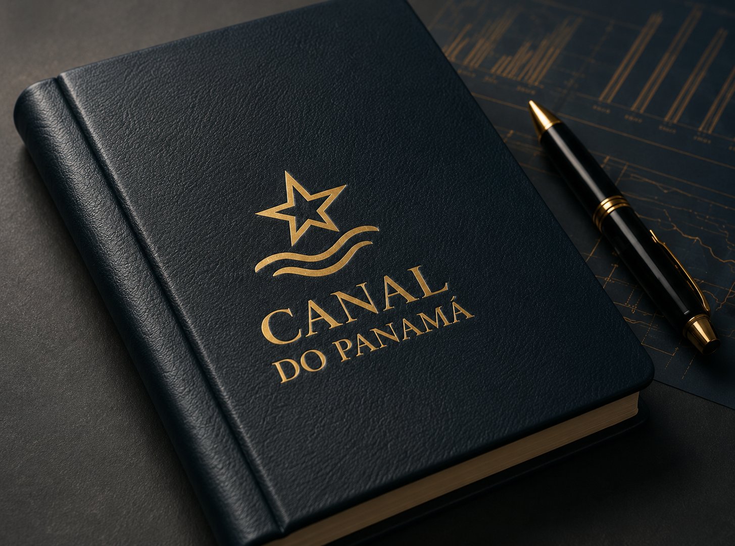 Caderno Canal do Panamá com caneta sobre gráfico de mercado