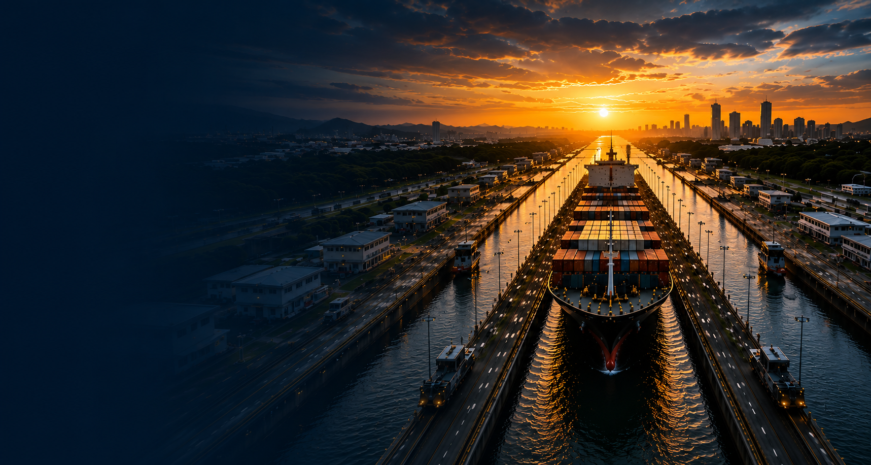 Vista aérea do Canal do Panamá com navio ao entardecer
