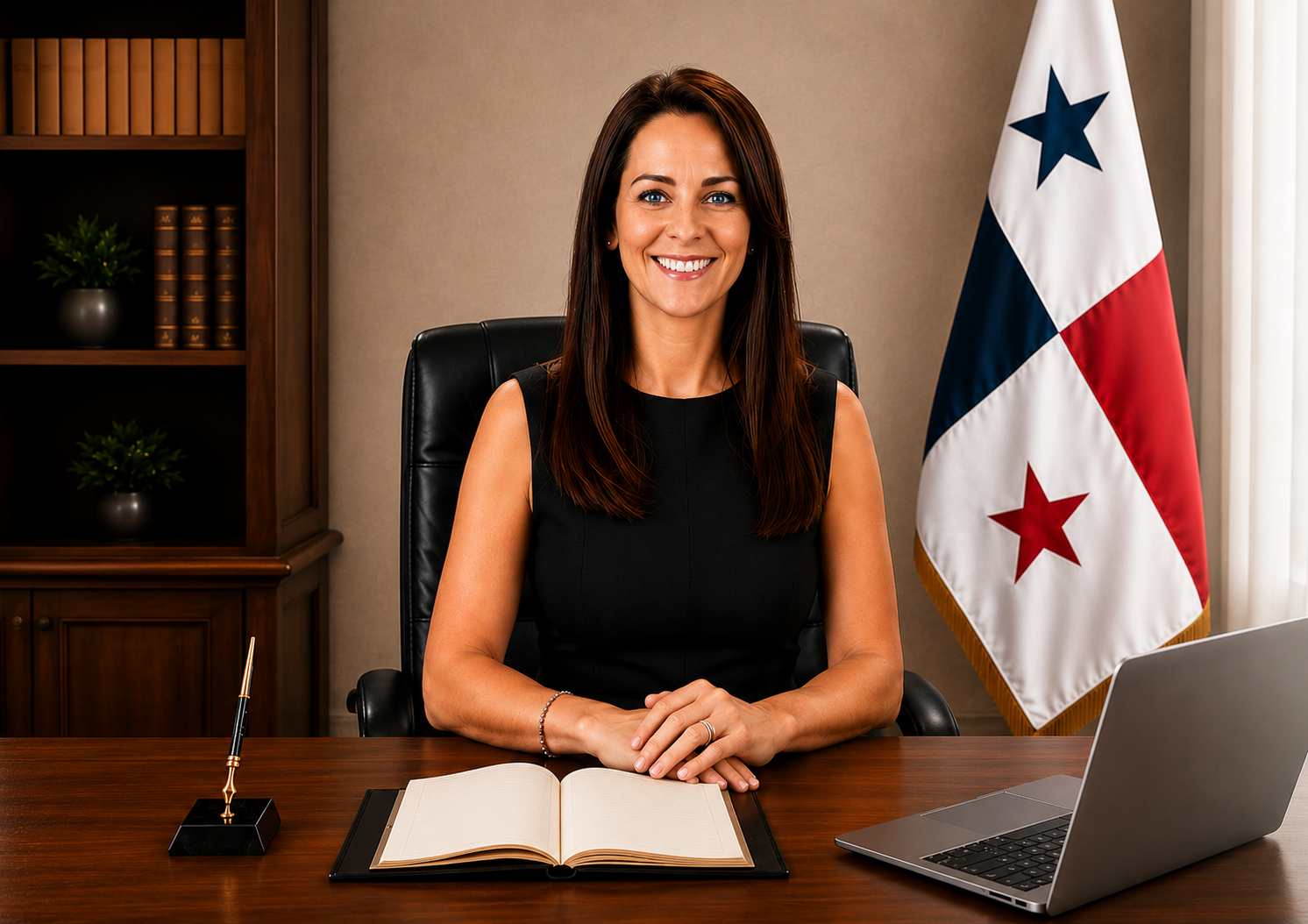 Cliente em escritório executivo com bandeira do Panamá