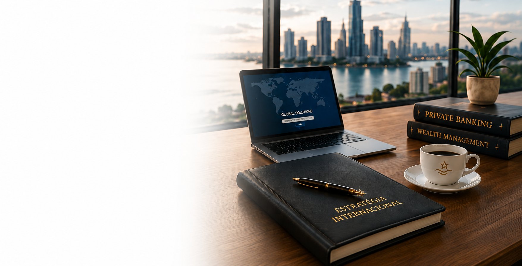 Mesa de escritório com laptop e materiais de estratégia internacional