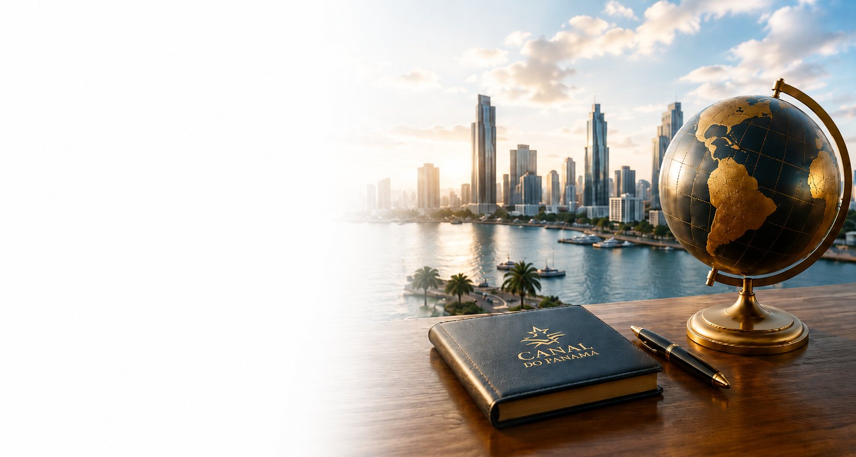 Globo terrestre e caderno Canal do Panamá com vista da cidade ao fundo