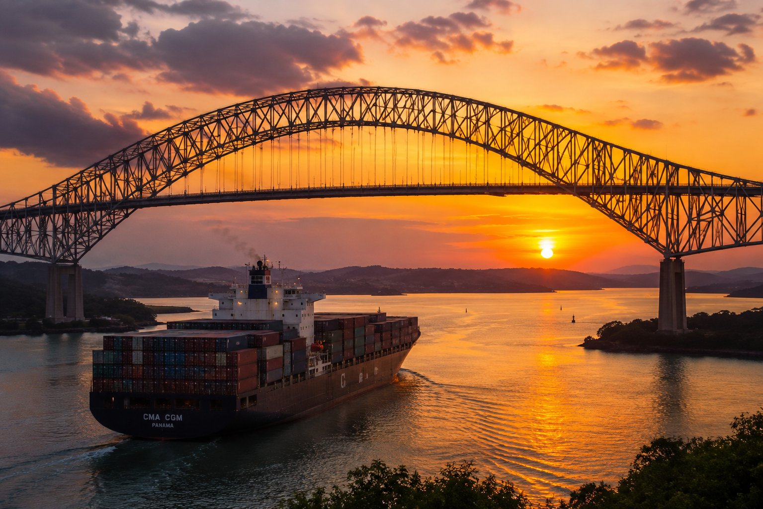Ponte Centenário sobre o Canal do Panamá com navio Panamax ao entardecer