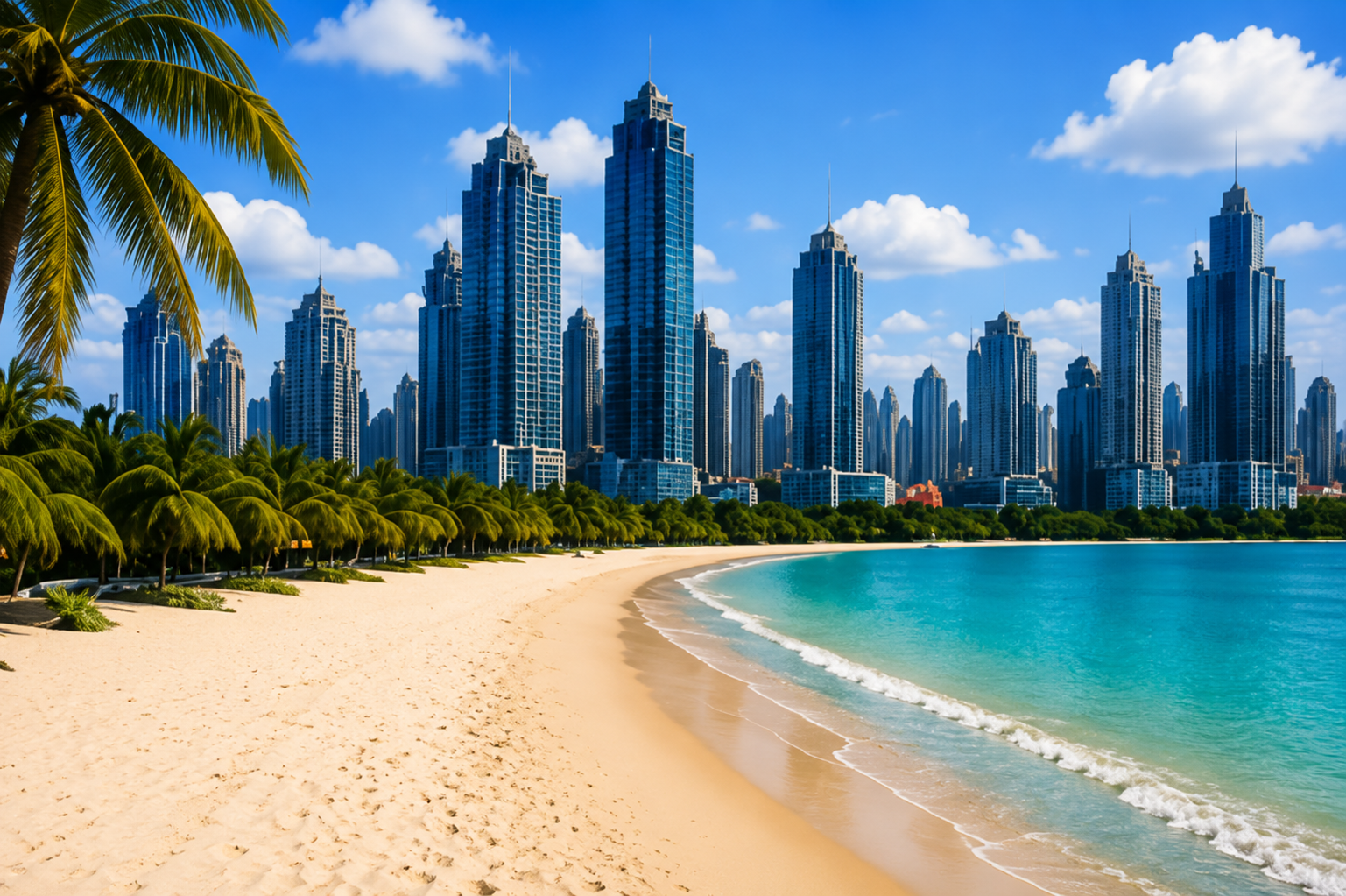 Praia com palmeiras e skyline do Panamá