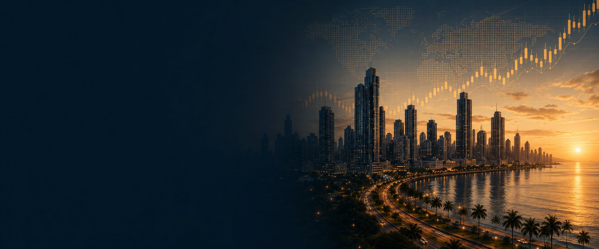 Skyline do Panamá ao entardecer com gráfico de investimentos